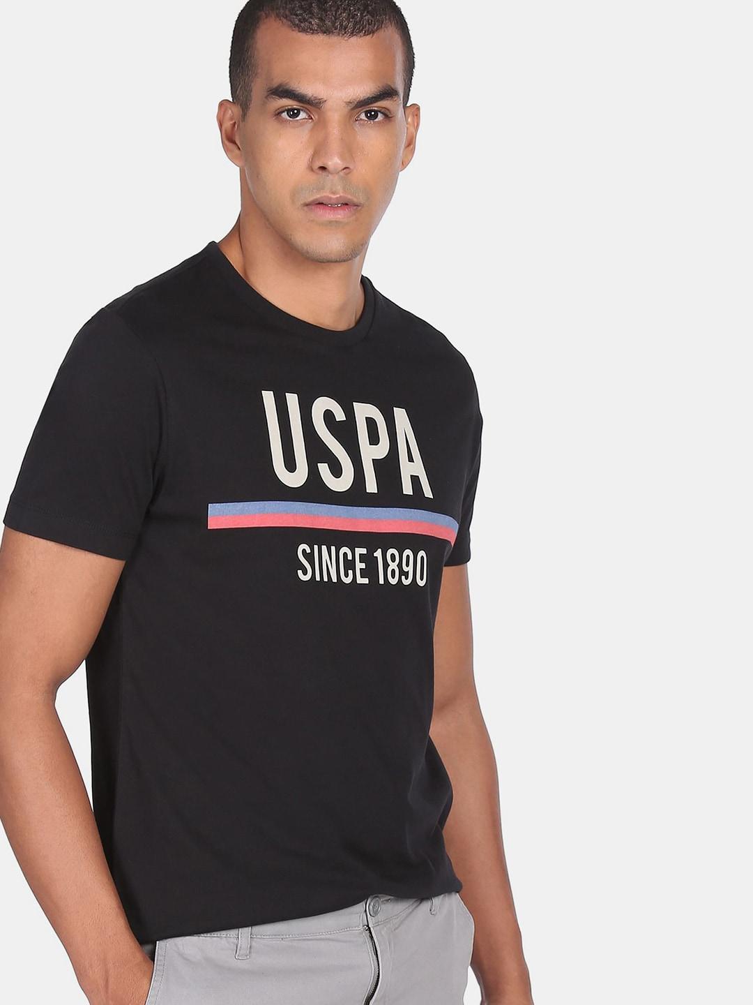 U.S. Polo Assn. Denim Co.Men Black Brand Logo Printed Pure Cotton T-shirt