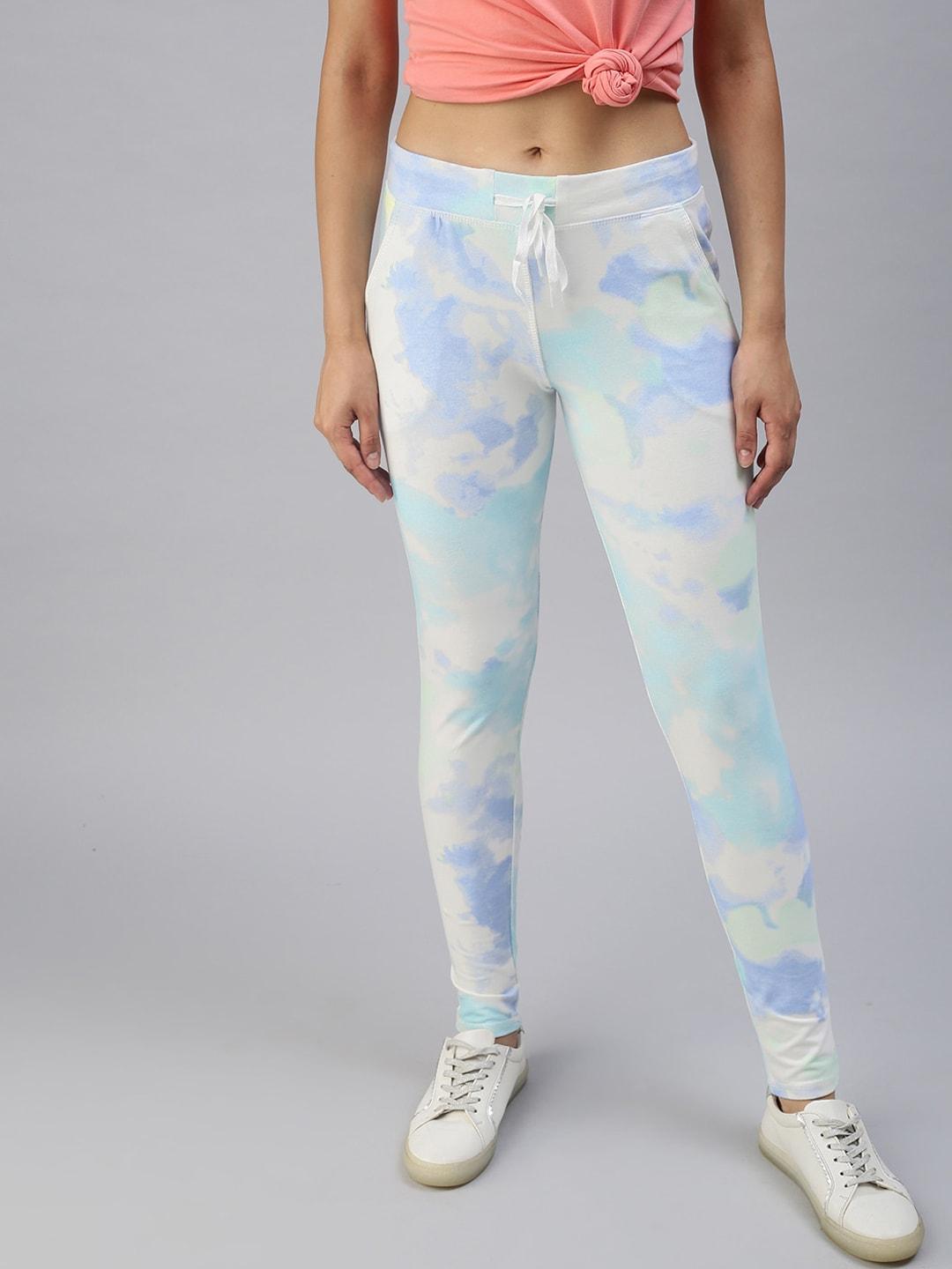 SHOWOFF Women White & Blue Printed Cotton Slim-Fit Track Pants