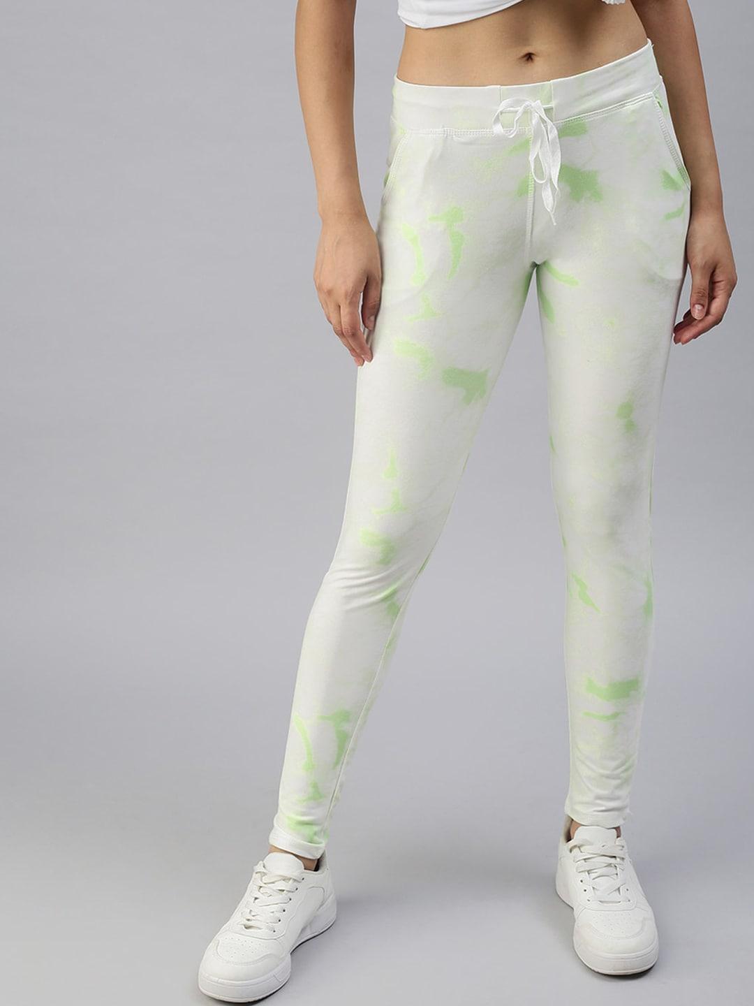 SHOWOFF Women White & Green Tie & Dye Printed Cotton Track Pants