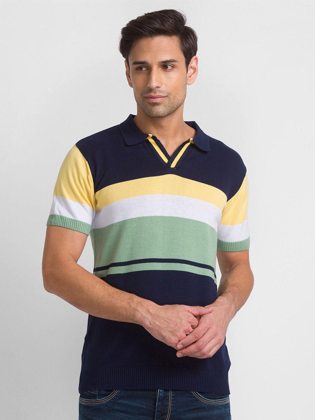 globus-men-green-&-blue-striped-polo-collar-t-shirt