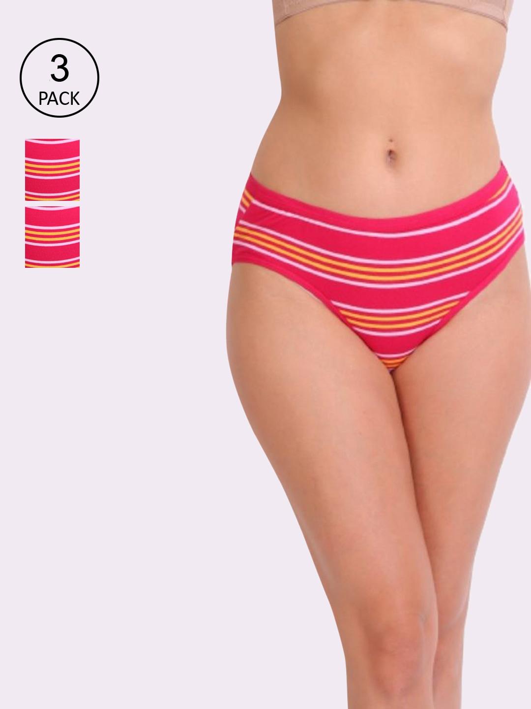 Innocence Women Set of 3 Pink & Yellow Striped Cotton Hipster Briefs