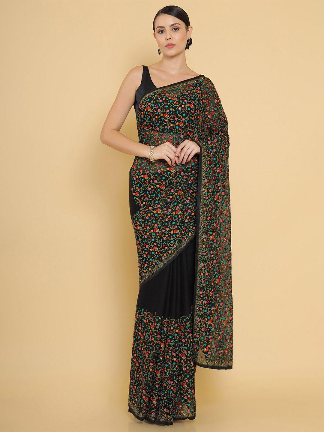 soch-black-chiffon-saree-with-floral-embroidery-and-embellished-borders