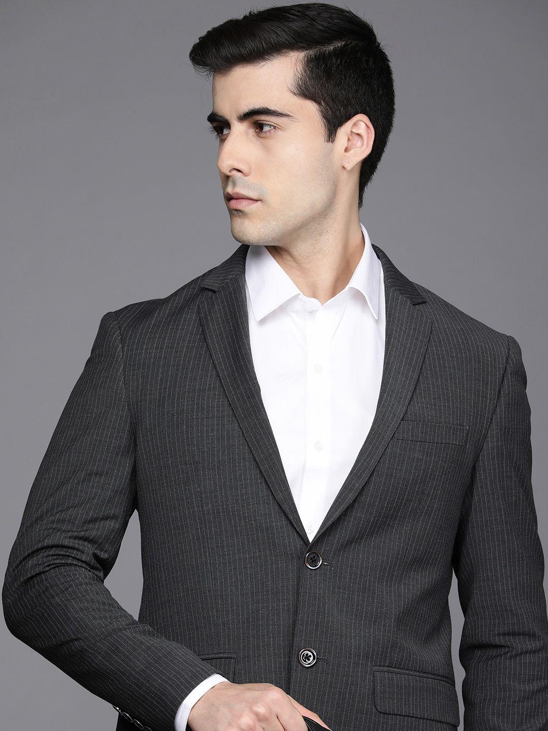 Louis Philippe Men Charcoal Black & White Striped Slim-Fit Single-Breasted Formal Blazer