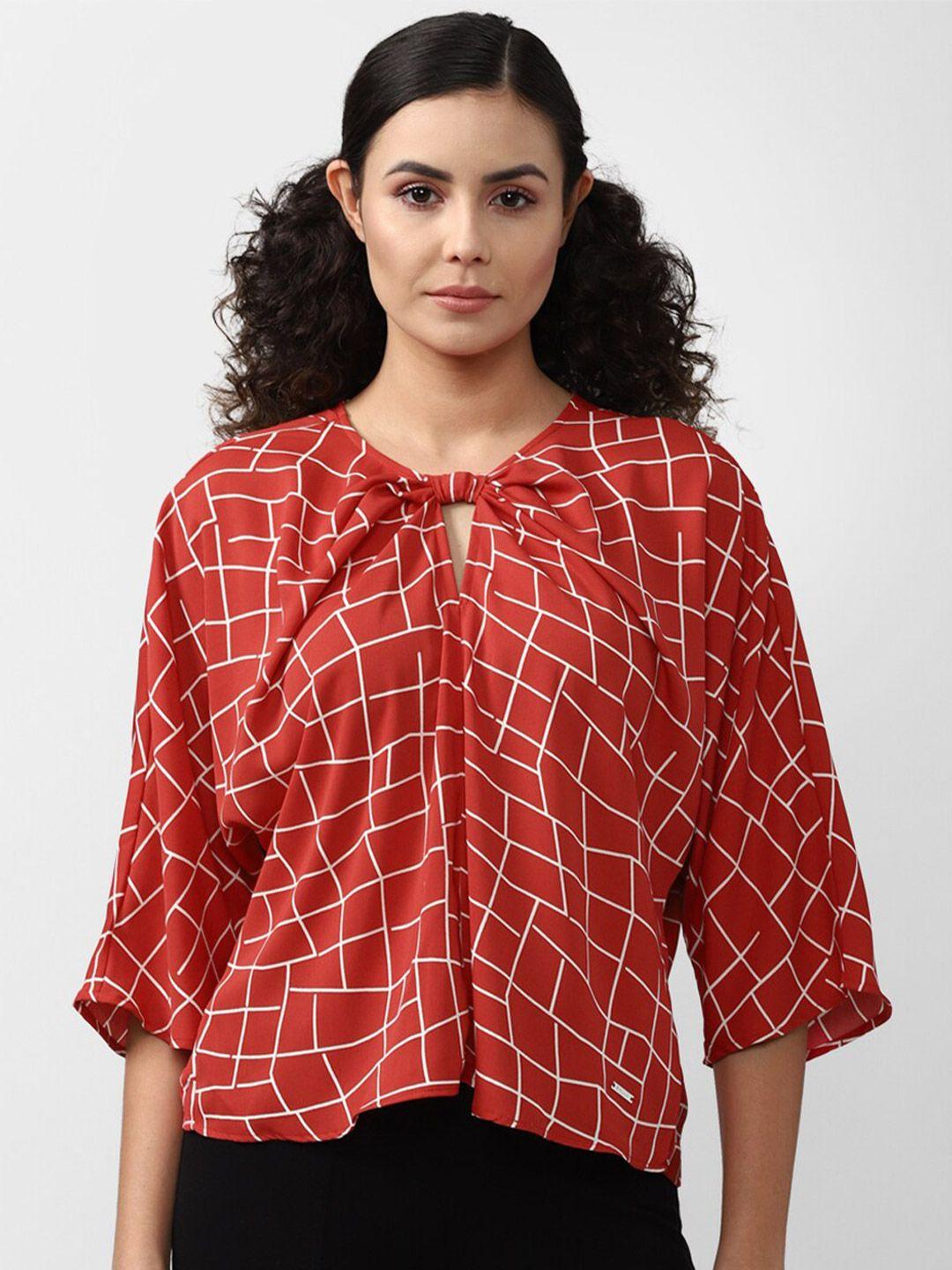van-heusen-woman-red-&-white-checked-tie-up-neck-top