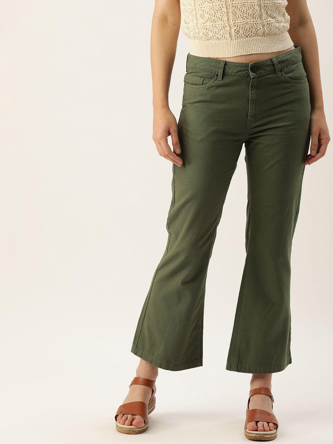 IVOC Women Olive Green Flared Cotton Trousers