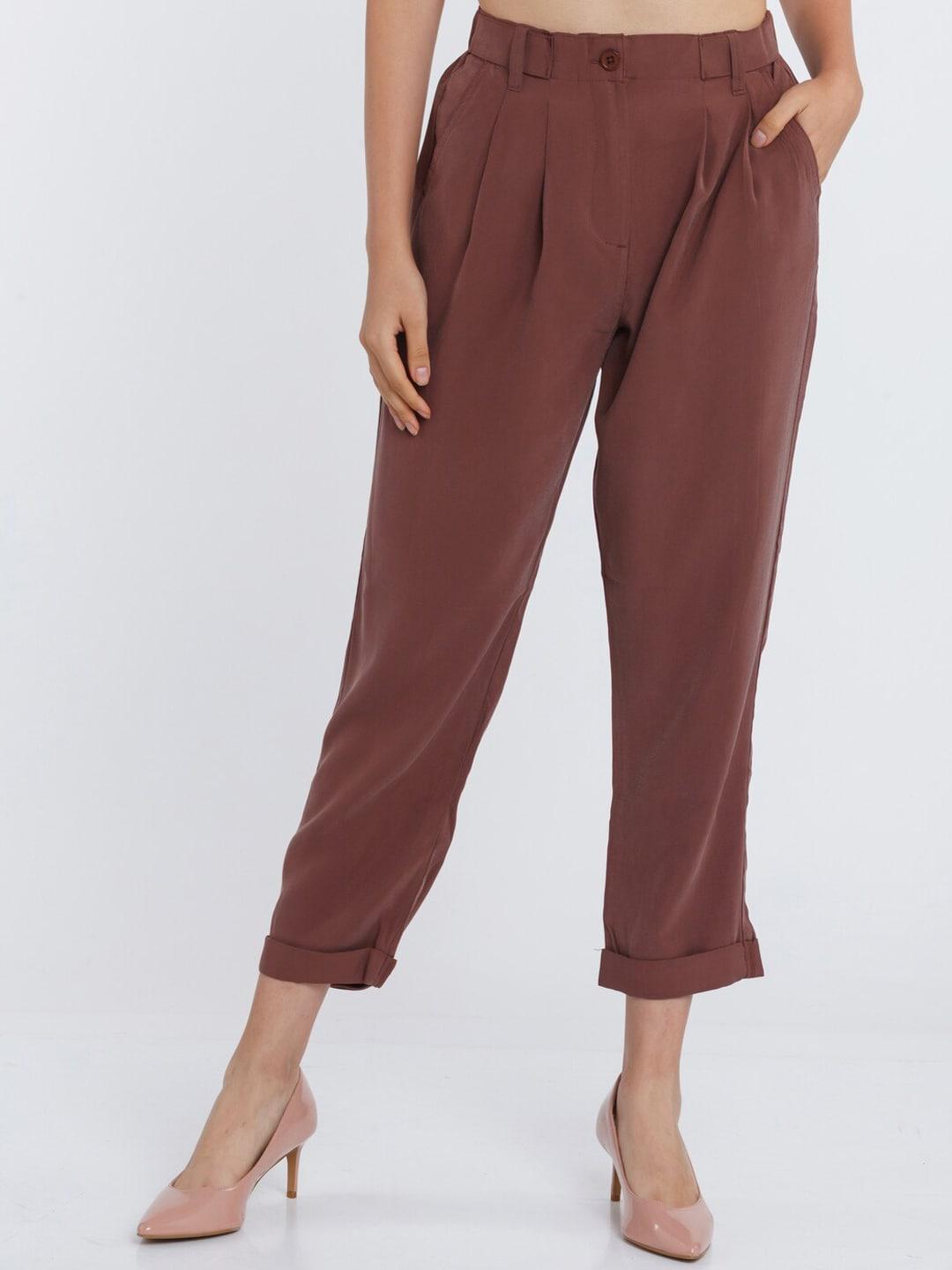 zink-london-women-brown-tapered-fit-high-rise-pleated-trousers