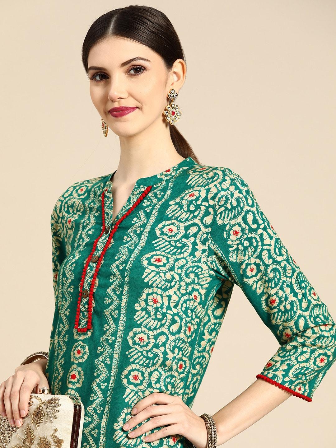 anouk-women-green-&-off-white-ethnic-motifs-printed-kurta