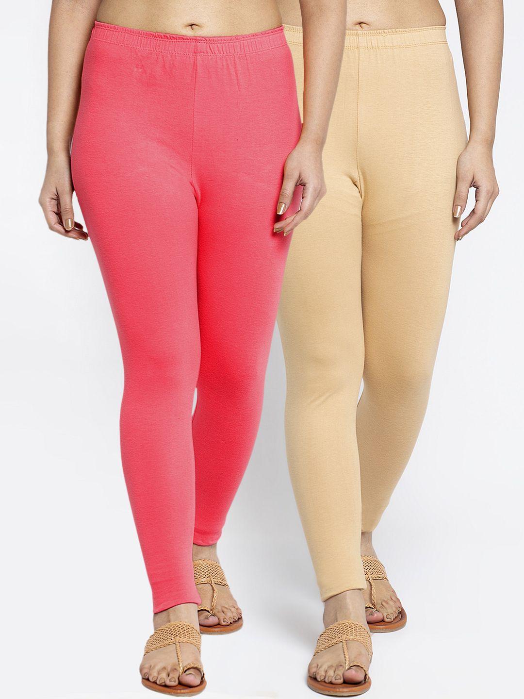 gracit-women-pack-of-2-beige-&-peach-solid-ankle-length-leggings