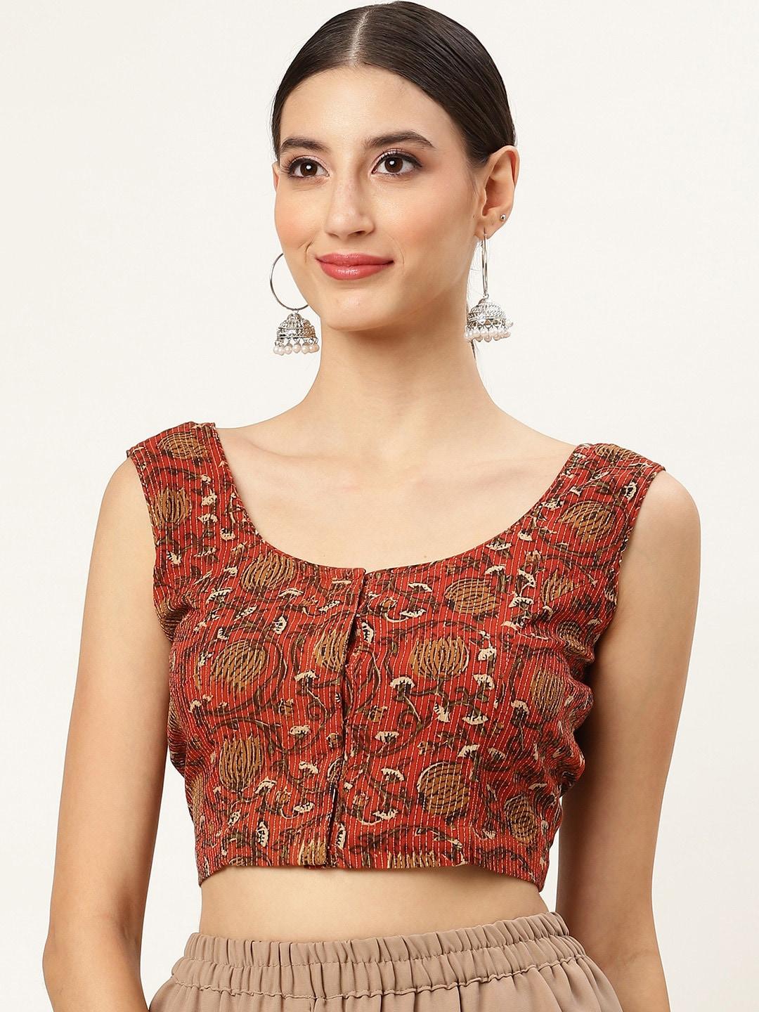 molcha-women-rust-printed-cotton-saree-blouse