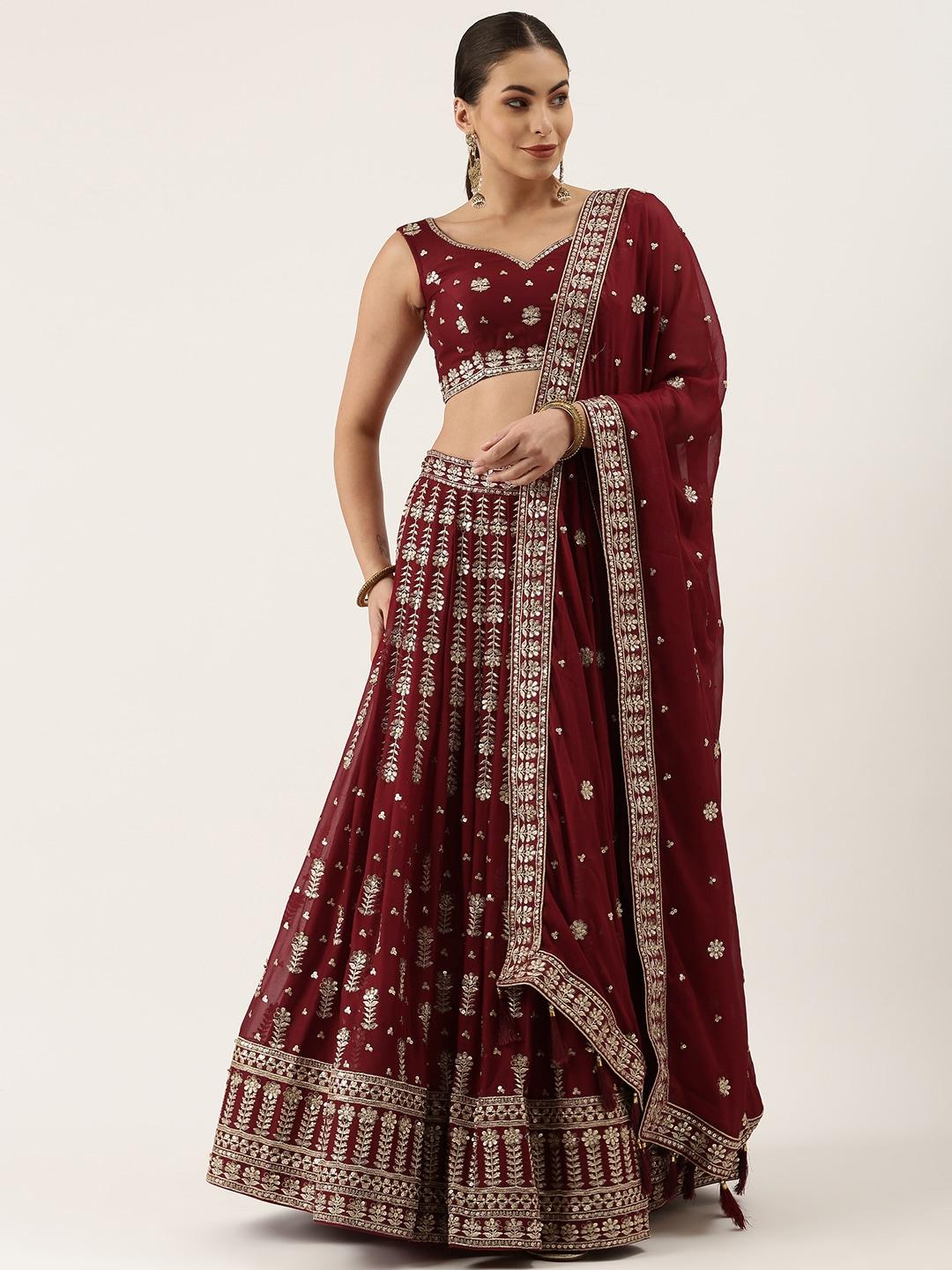 panchhi Maroon Embellished Sequinned Semi-Stitched Lehenga & Unstitched Blouse With Dupatta
