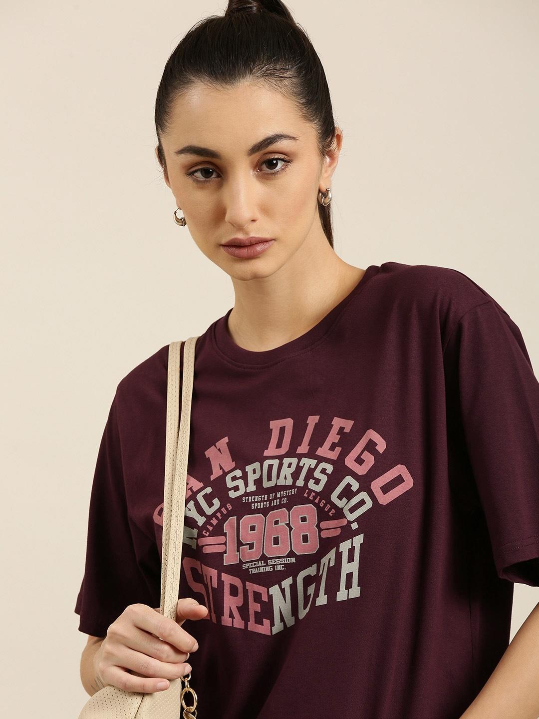 DILLINGER Women Maroon Typography Printed Pure Cotton Loose T-shirt