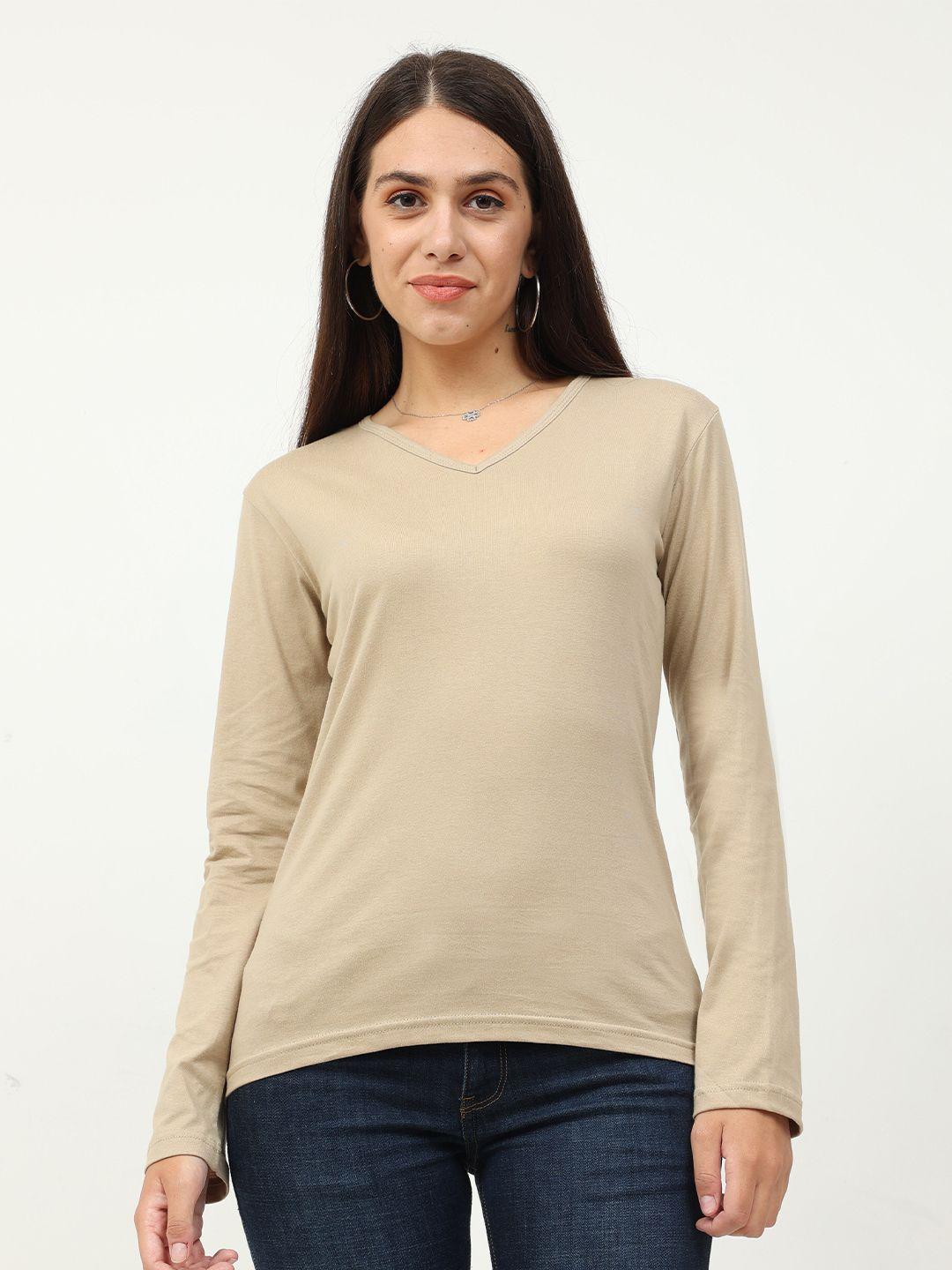 fleximaa-women-beige-v-neck-t-shirt