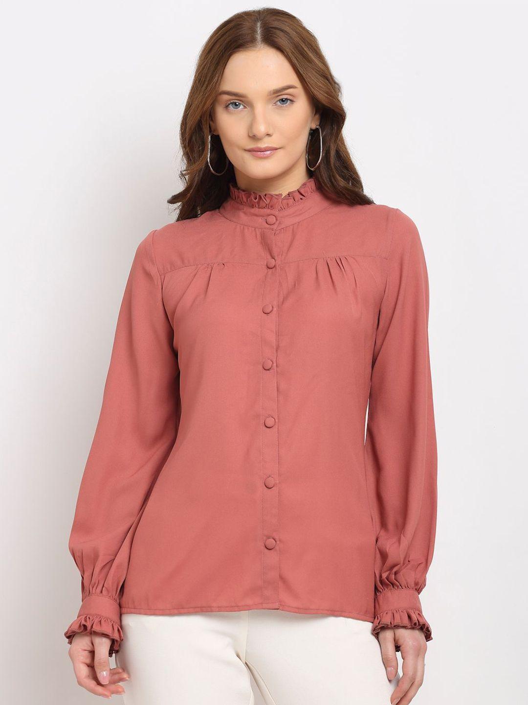 La Zoire  Women Pink Frilled Band Collar Top