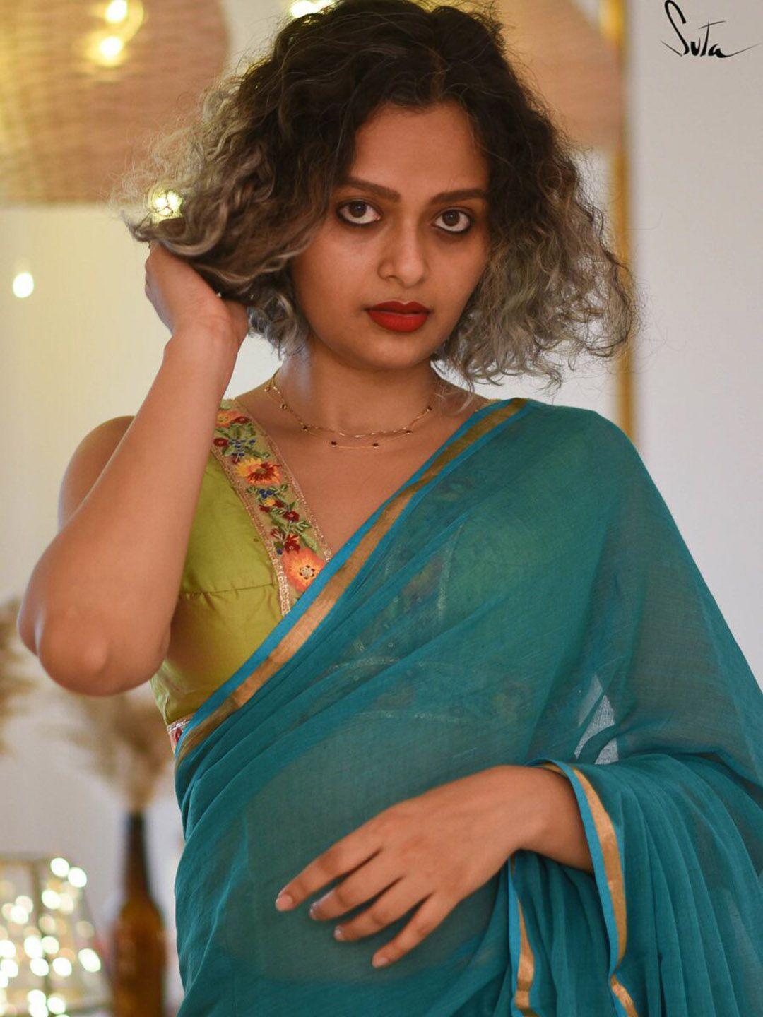 Suta Women Green Embroidered Silk Saree Blouse