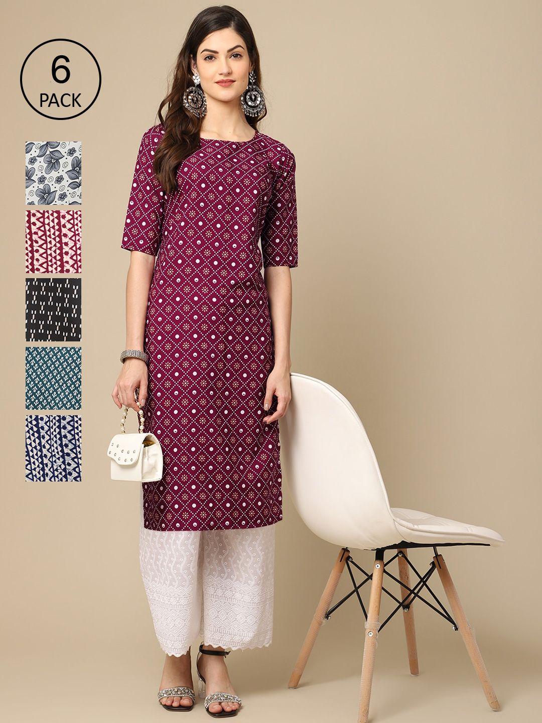 1-stop-fashion-women-pack-of-6-multicoloured-geometric-printed-summer-sheers-crepe-kurta