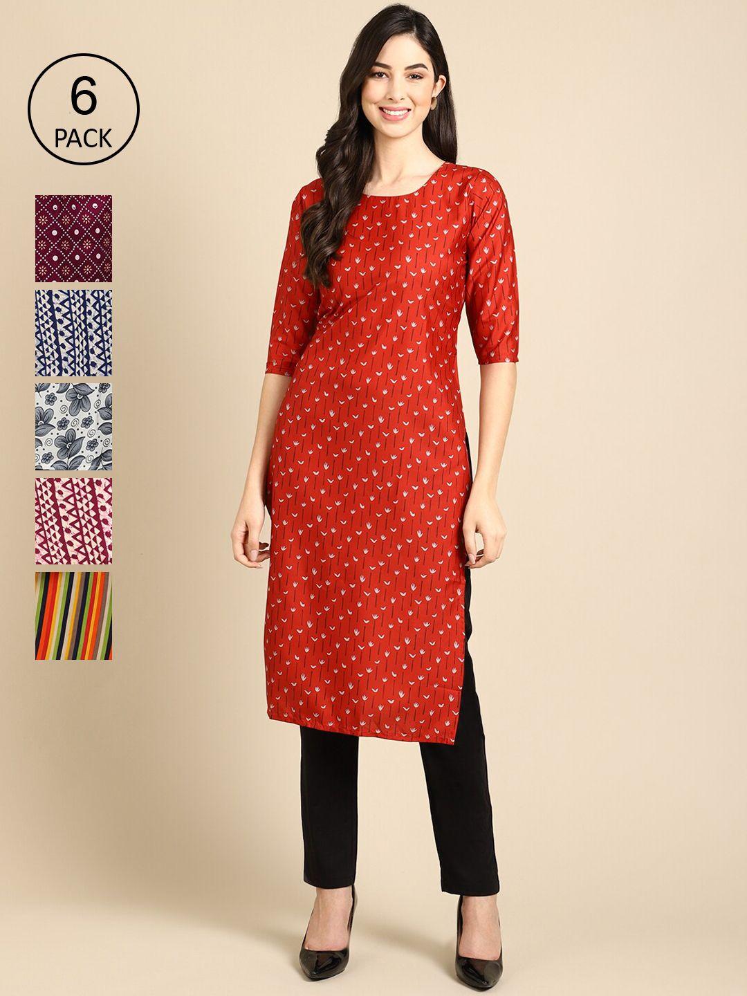 1-stop-fashion-women-pack-of-6-red-&-magenta-geometric-printed-crepe-kurta