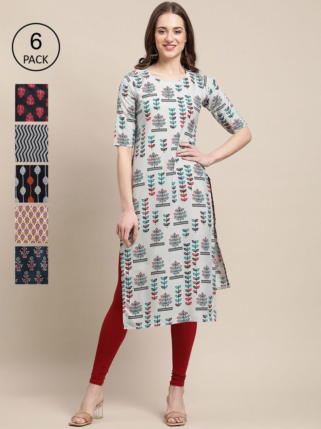 1-stop-fashion-women-pack-of-6--green-&-red-geometric-printed--crepe-kurta
