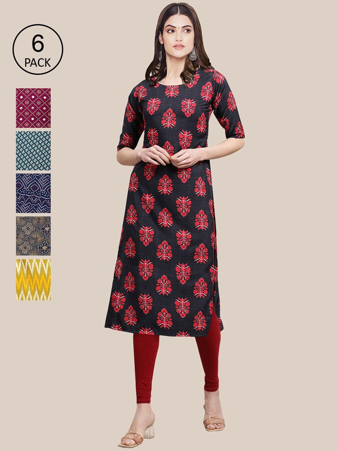 1-stop-fashion-women-pack-of-6-ethnic-motifs-printed-thread-work-summer-sheers-crepe-kurta