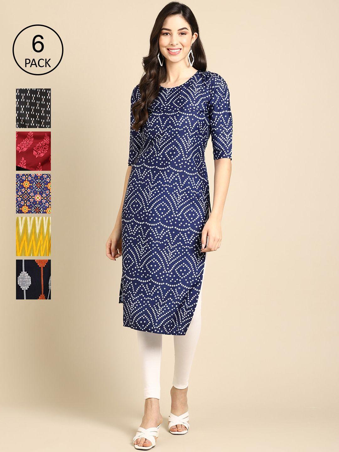1-stop-fashion-women-pack-of-6--multicoloured-geometric-printed-crepe-kurta