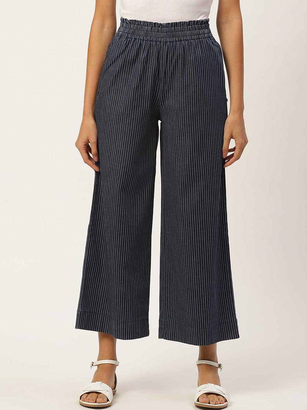 Xpose Women Blue Striped Smart High-Rise Cotton Trousers