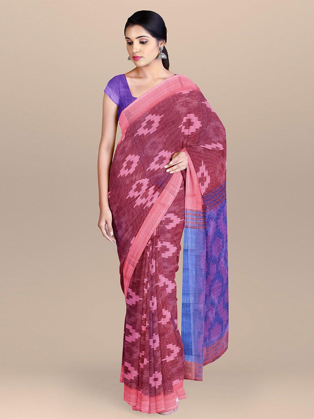 the-chennai-silks-women-maroon-&-blue-zari-linen-blend-geometric-saree