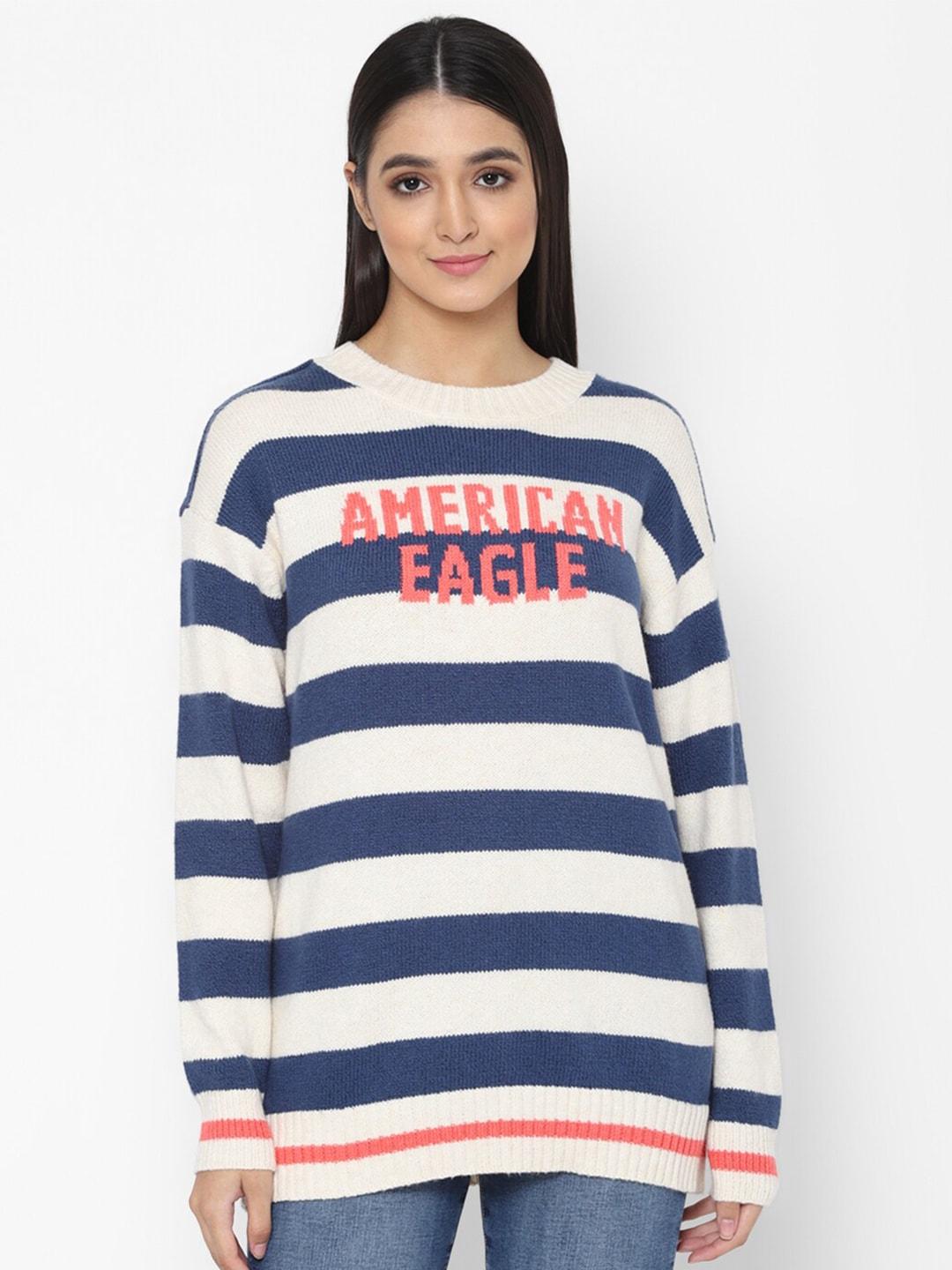 AMERICAN EAGLE OUTFITTERS Women Blue & White Striped Longline Pullover