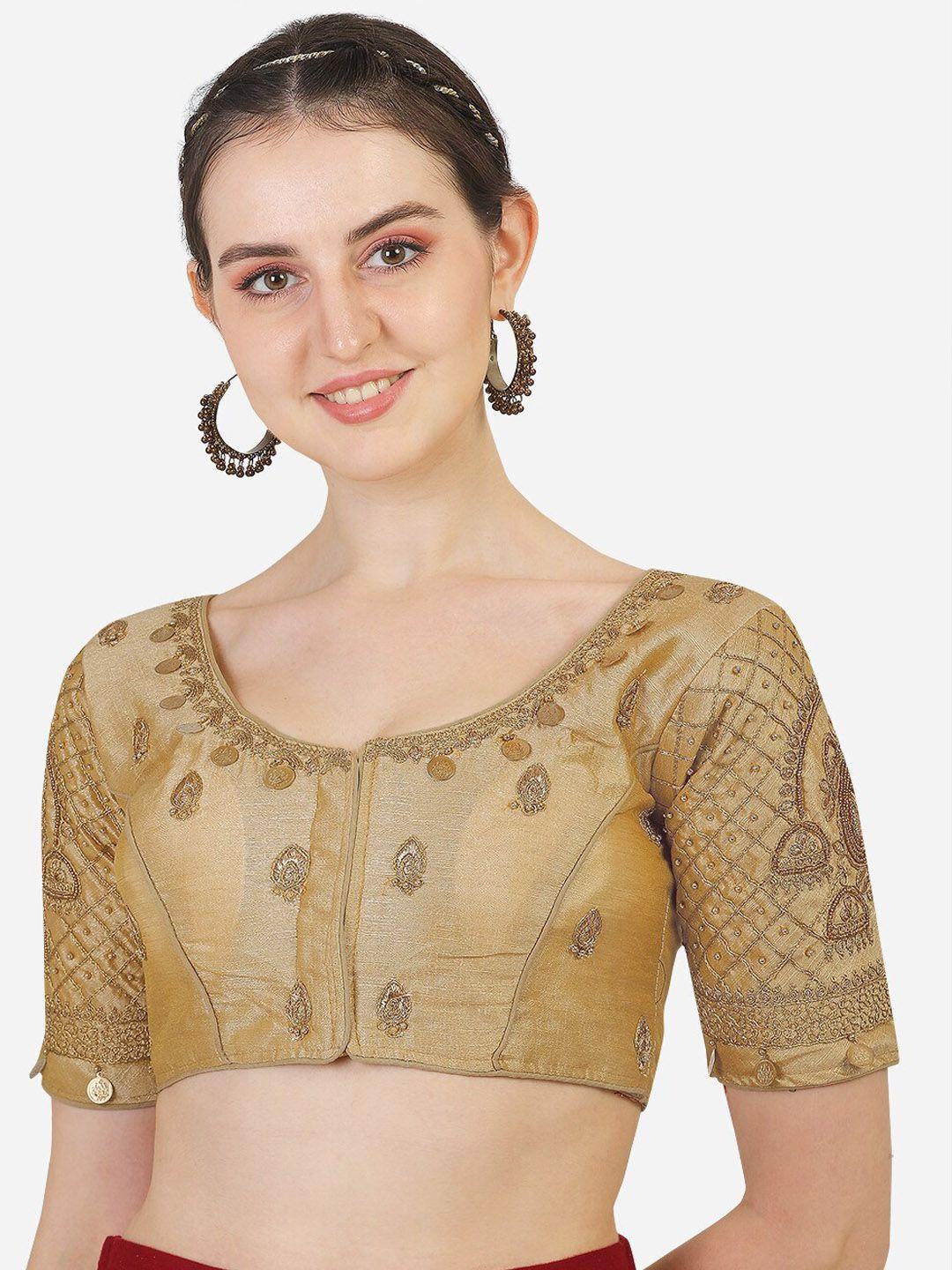 Sumaira Tex Beige & Gold Embroidered Saree Blouse