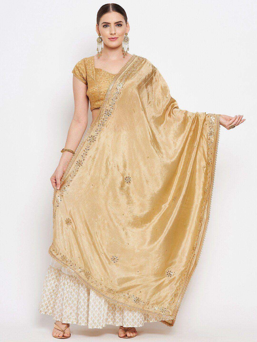 Clora Creation Beige & Gold-Toned Embroidered Dupatta with Beads and Stones