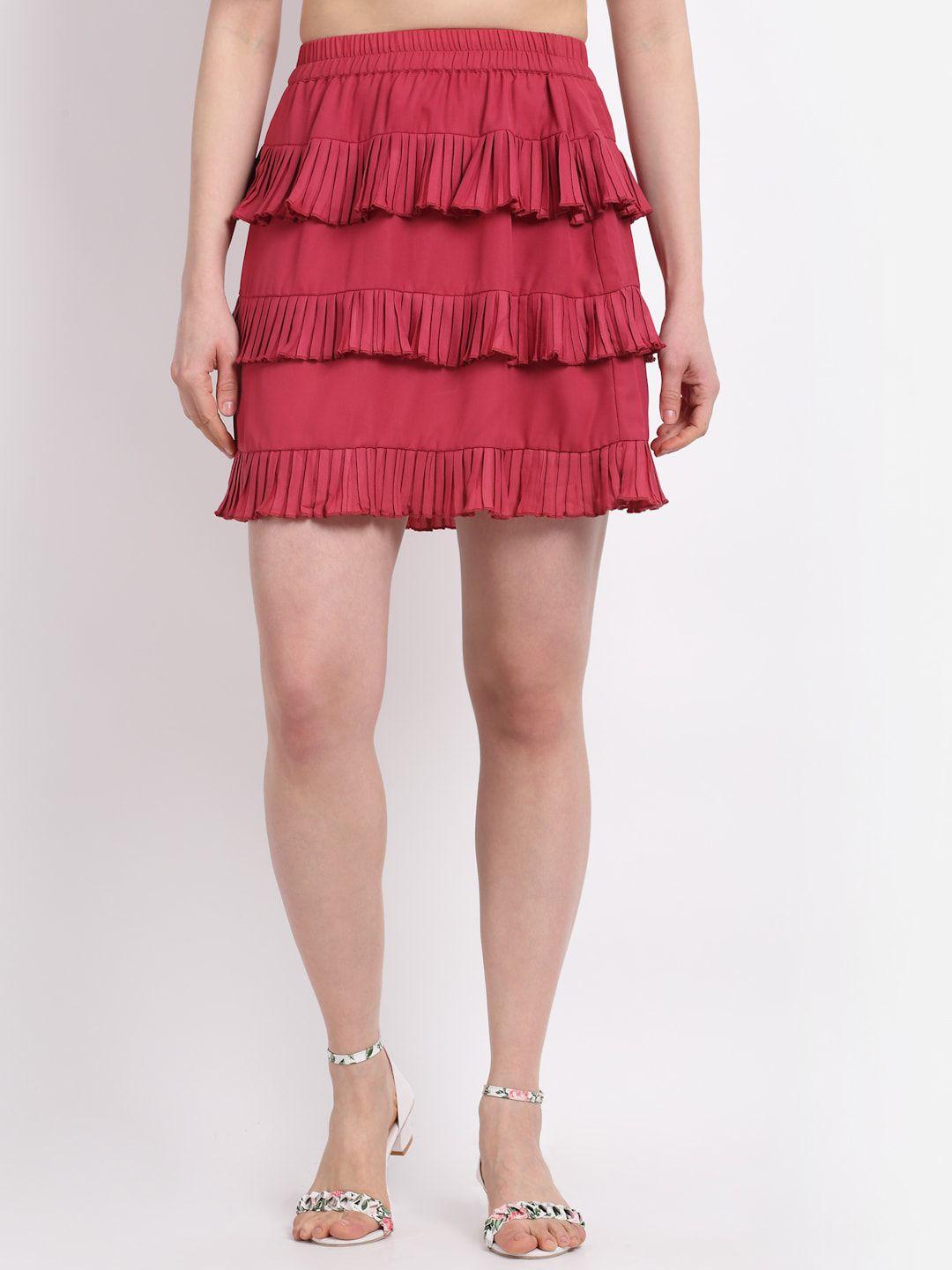 la-zoire-women-pink-solid-pleated-panel-tiered-mini-skirt