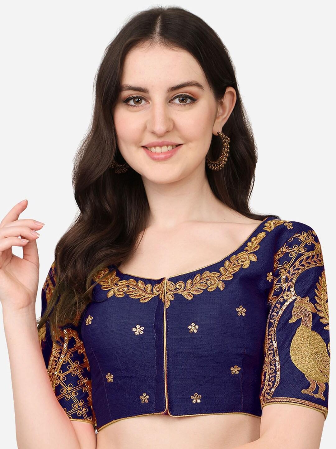 PUJIA MILLS Navy Blue Embroidered Silk Padded Saree Blouse