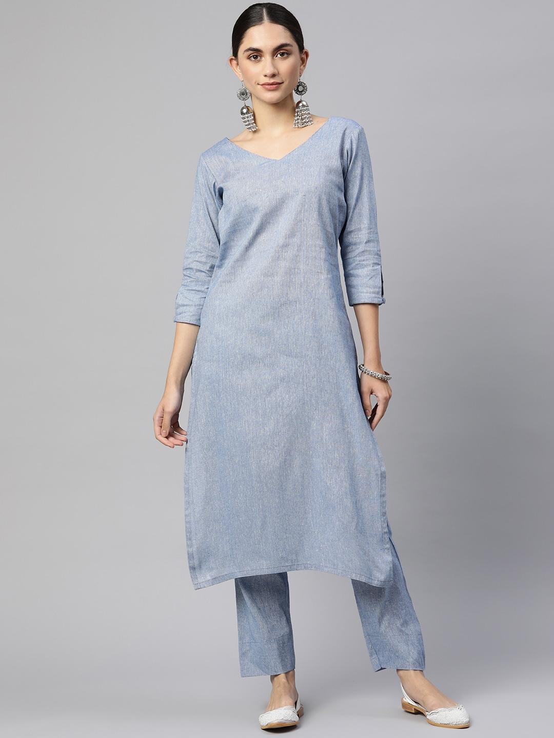 SHADES Women Solid Pure Cotton Straight Kurta with Trousers