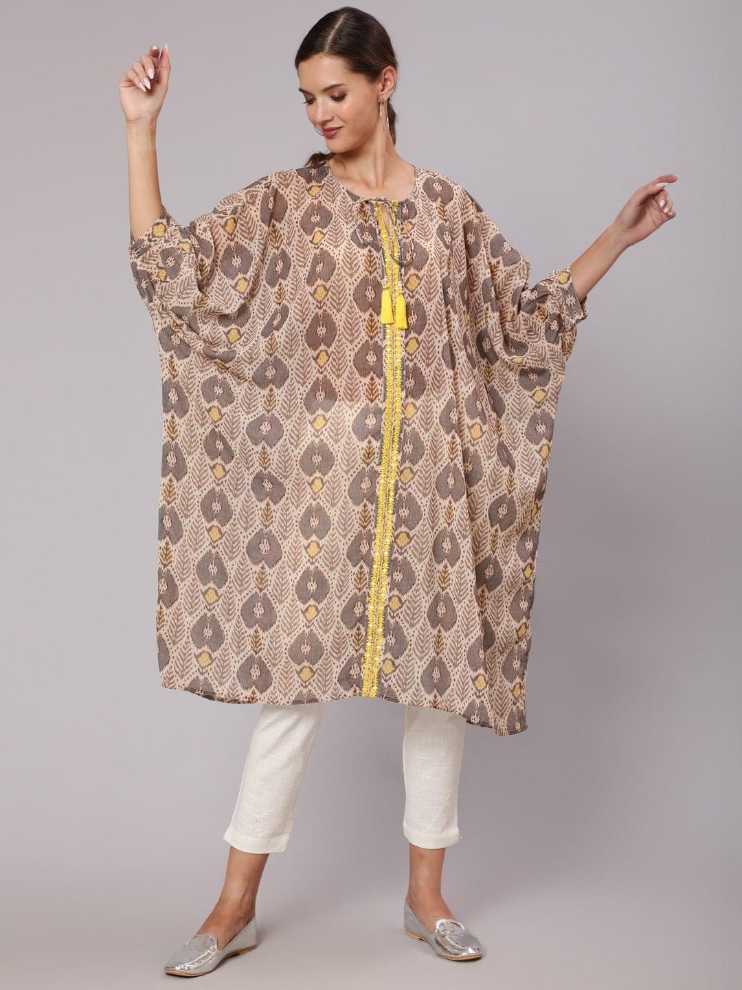Jaipur Kurti Women Brown Ethnic Motifs Embroidered Angrakha Silk Georgette Kurta with Trousers