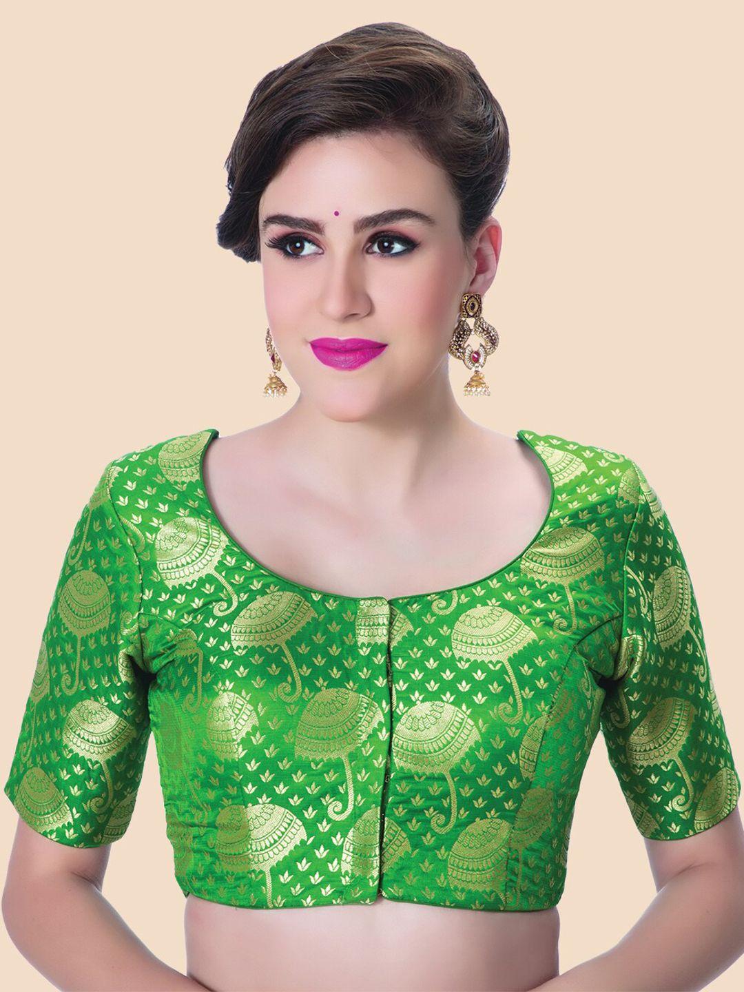 neckbook-green-&-gold-toned-princess-cut-padded-readymade-saree-blouse