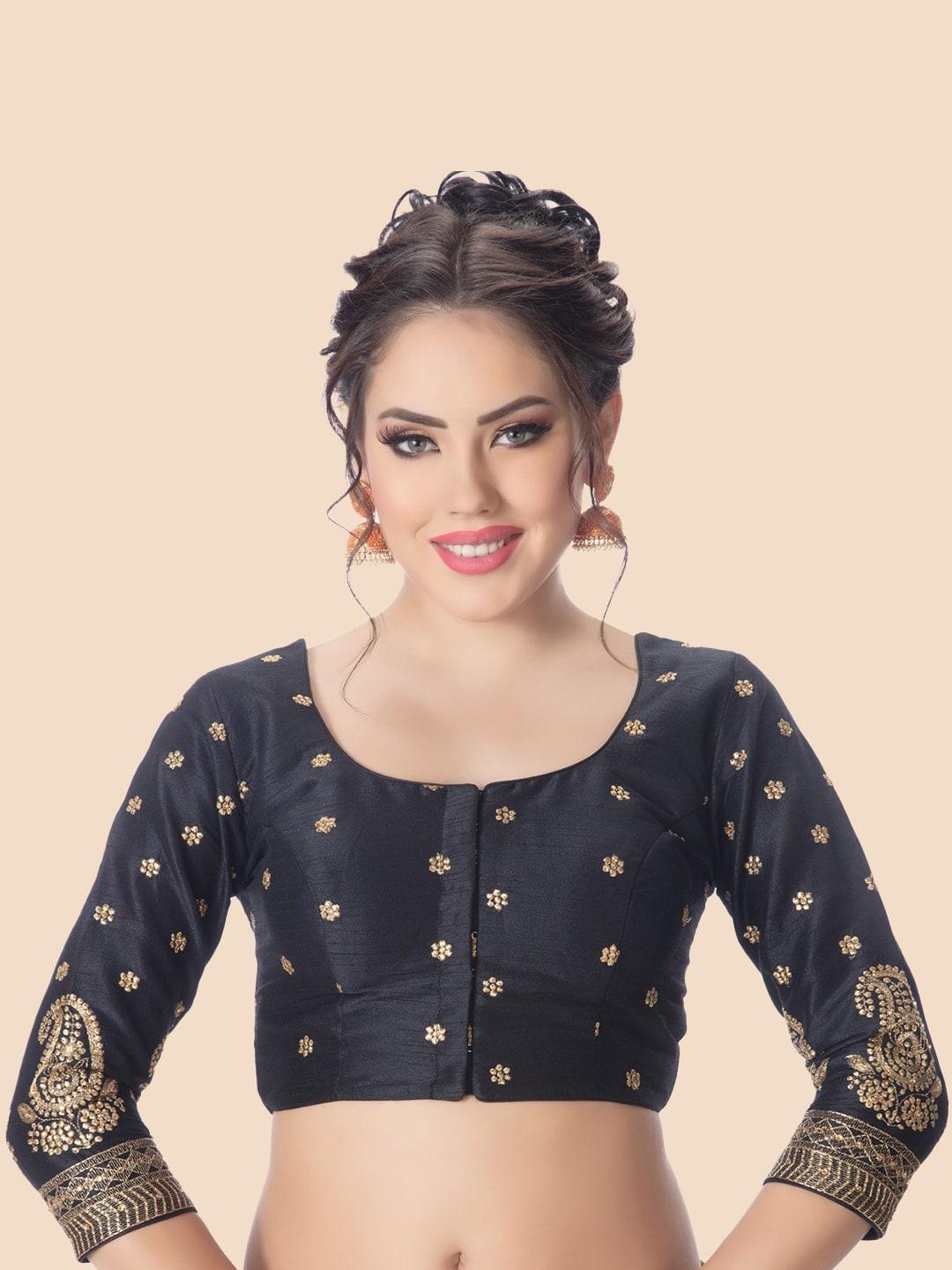neckbook-black-&-gold-toned-embroidered-princess-cut-padded-readymade-saree-blouse