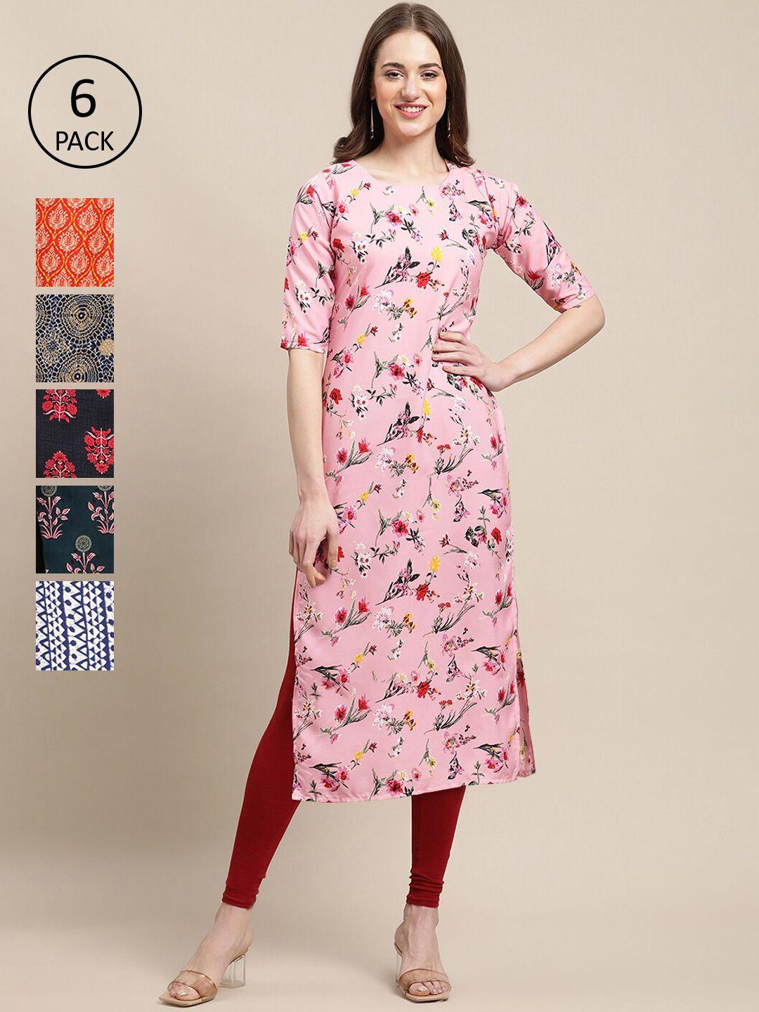 1-stop-fashion-women-multicoloured-pack-of-6-ethnic-motifs-printed-crepe-kurta