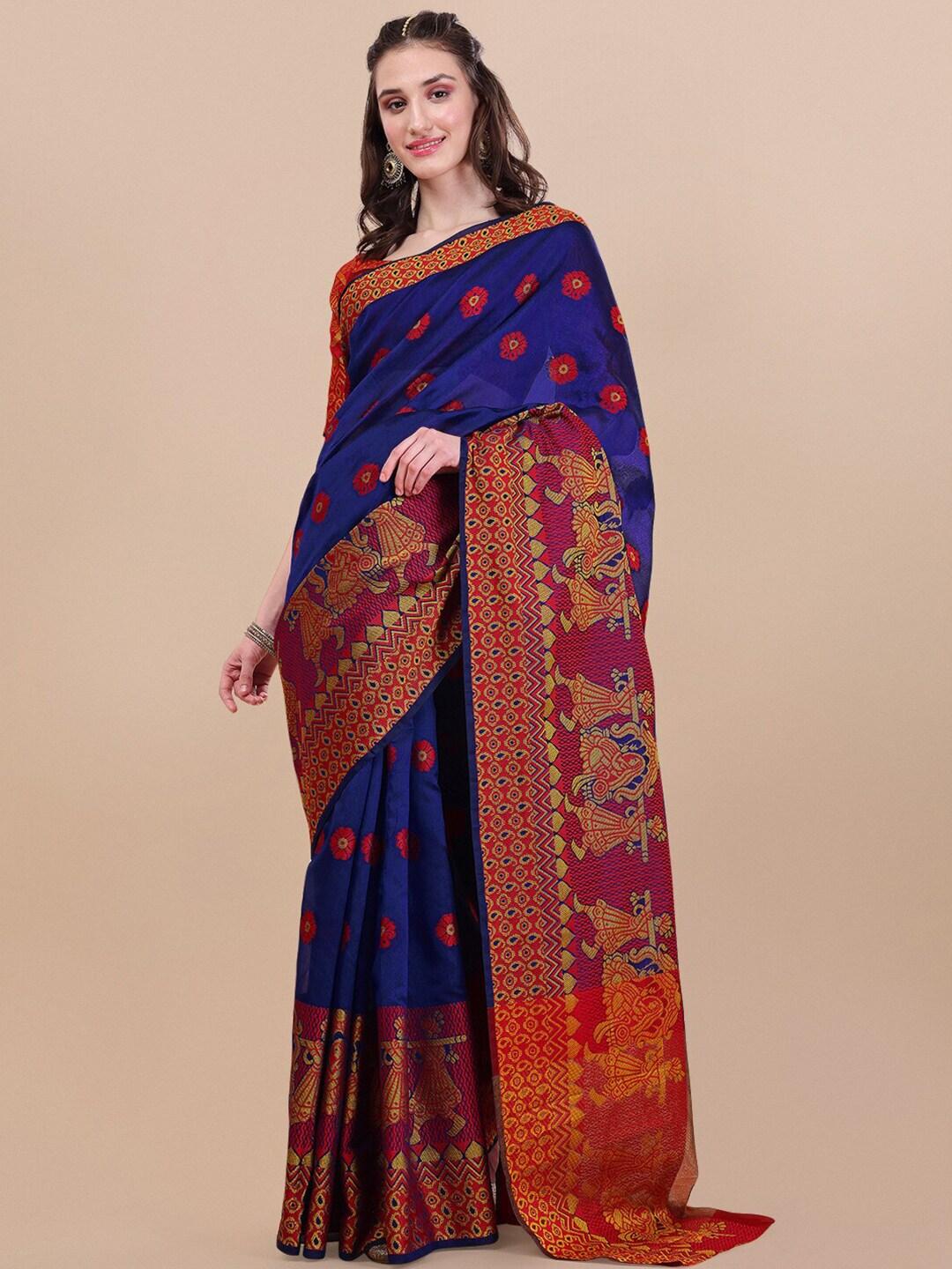 Vaidehi Fashion Blue & Red Ethnic Motifs  Banarasi Saree