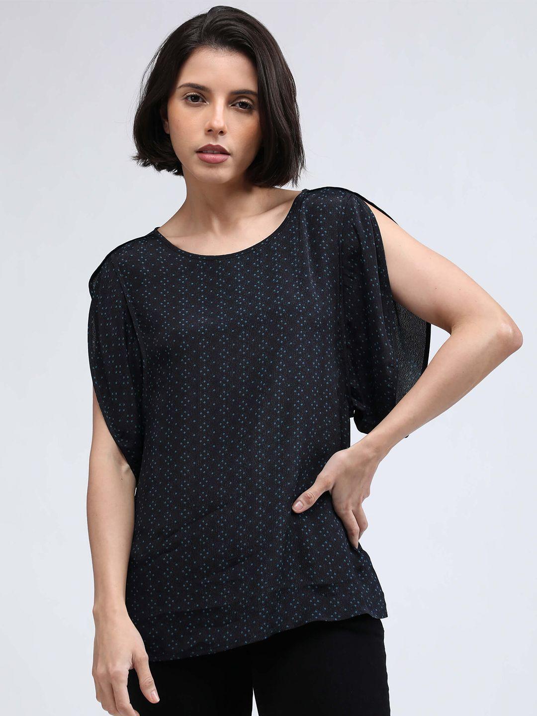 idk-women-black-geometric-printed-slit-sleeves-top