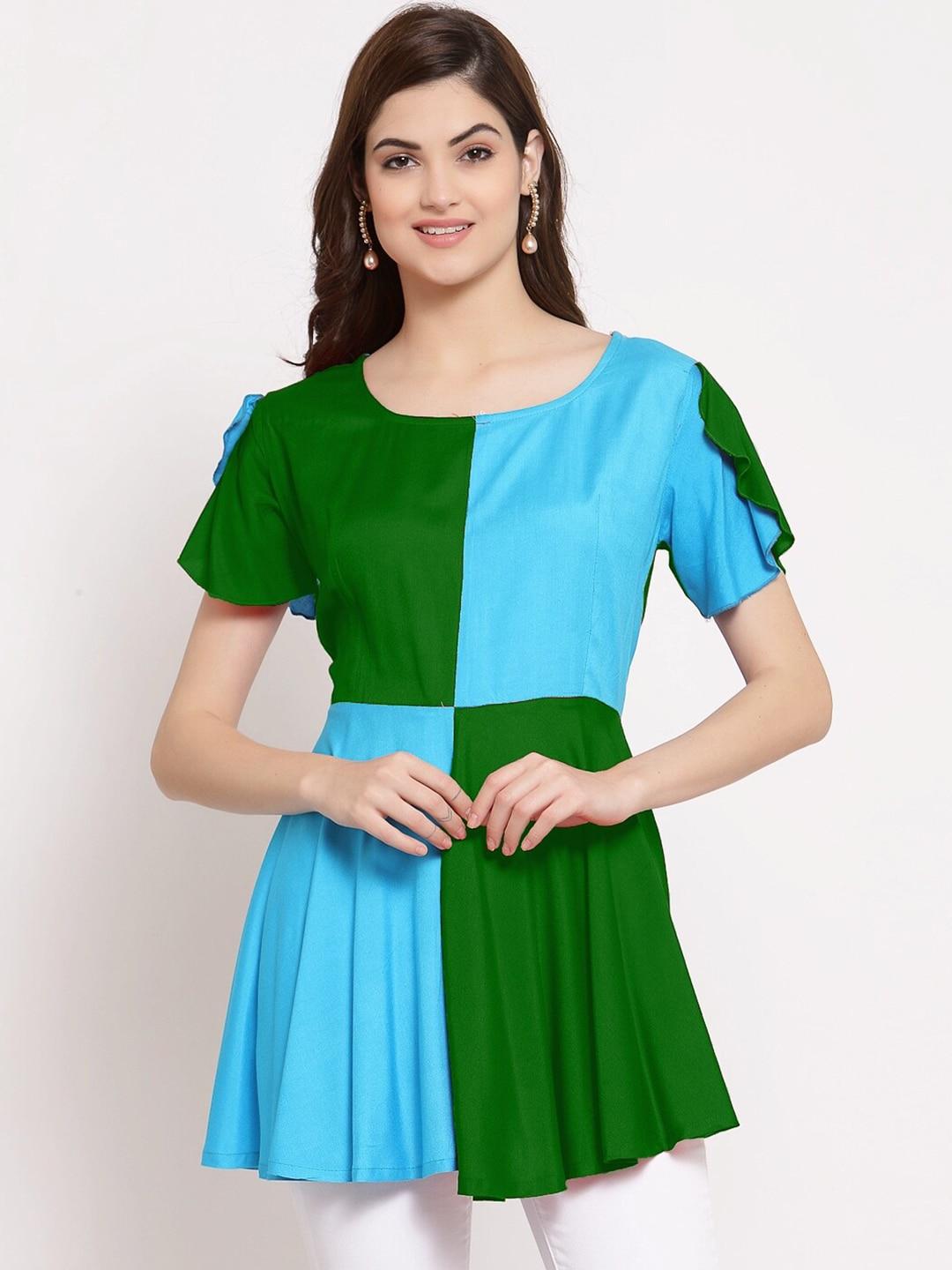PATRORNA Women Green & Blue Colourblocked Top