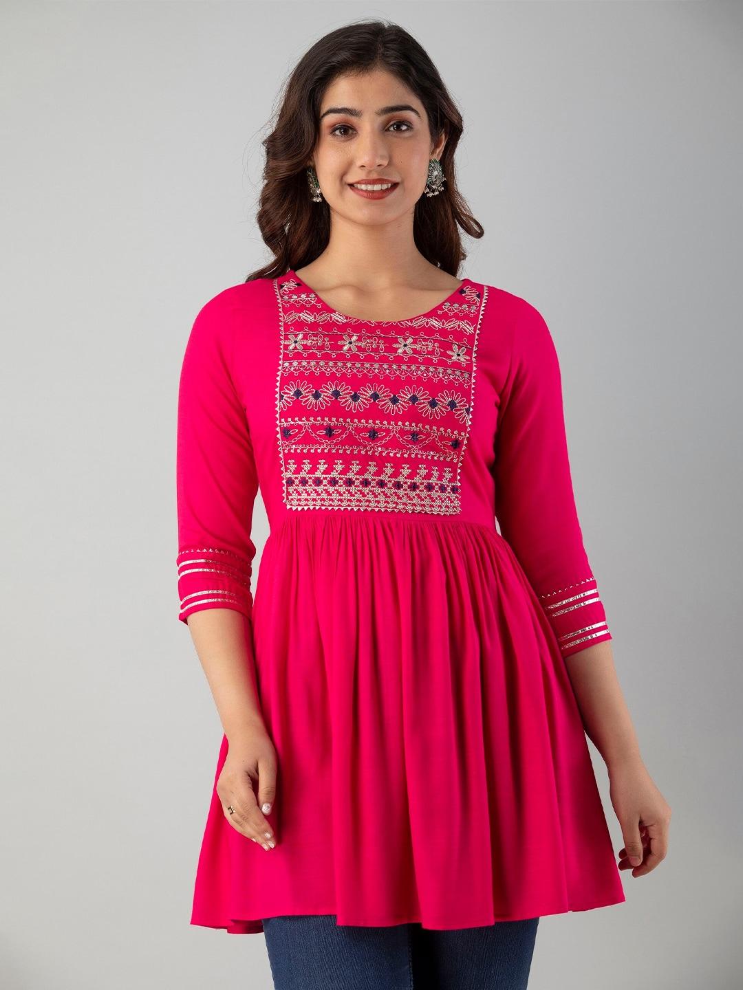 ckm-pink-&-silver-toned-embroidered-longline-top