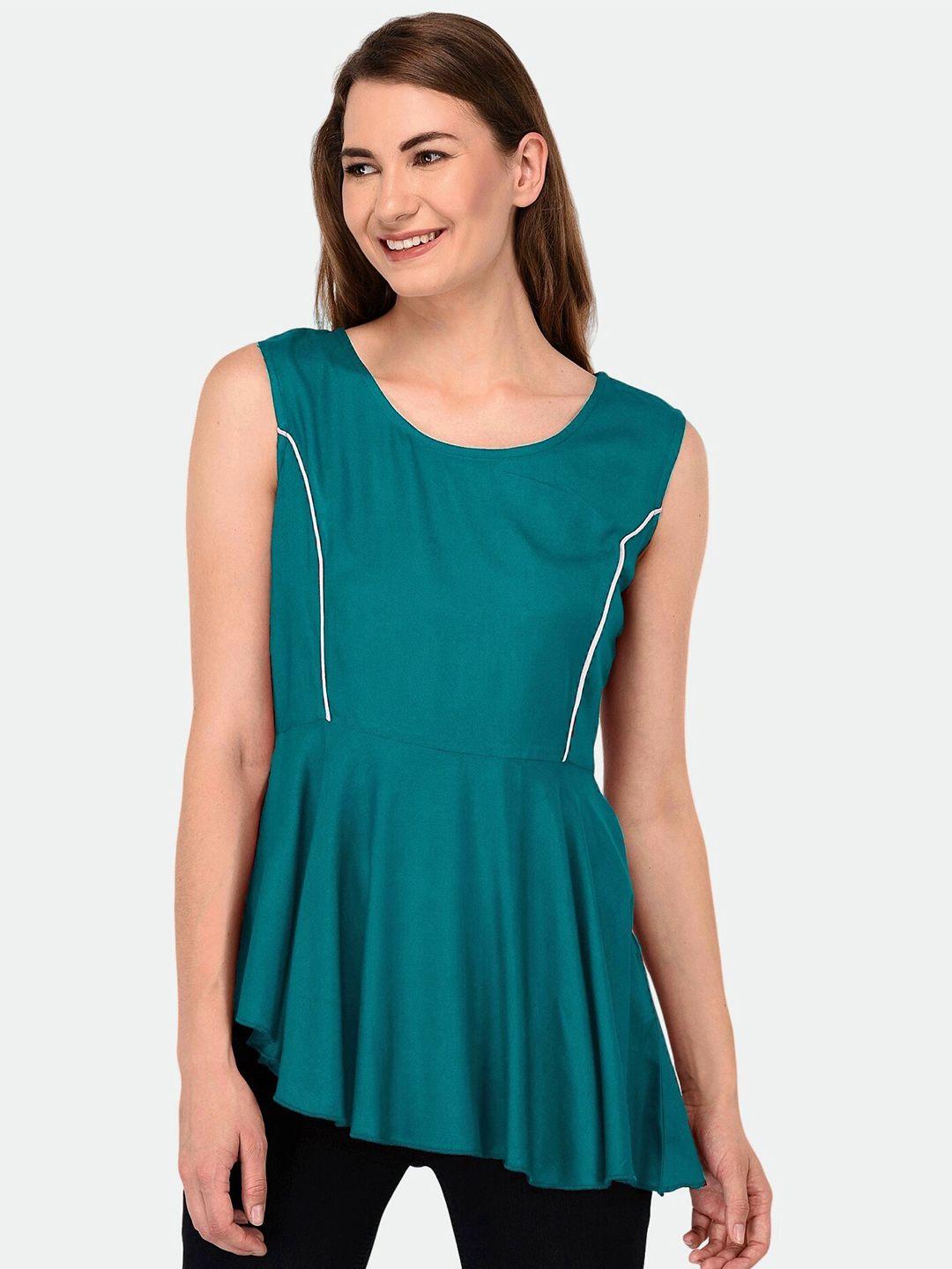patrorna-women-green-twisted-sleeveless-asymmetric-hem-peplum-top