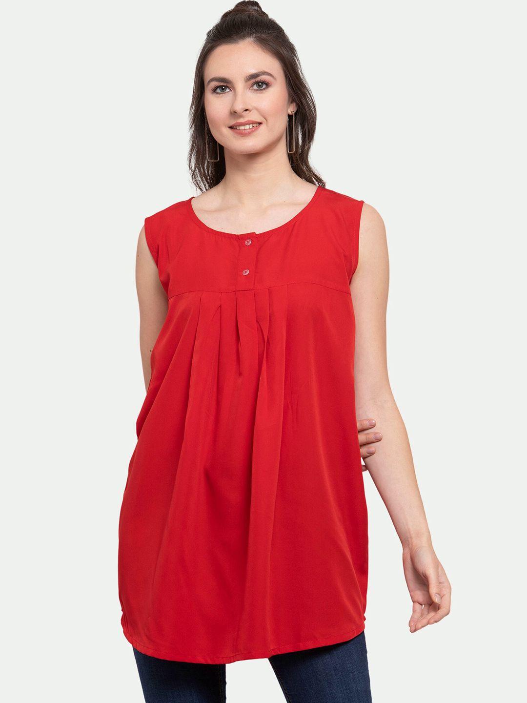 patrorna-women-red-solid-pleated-longline-top
