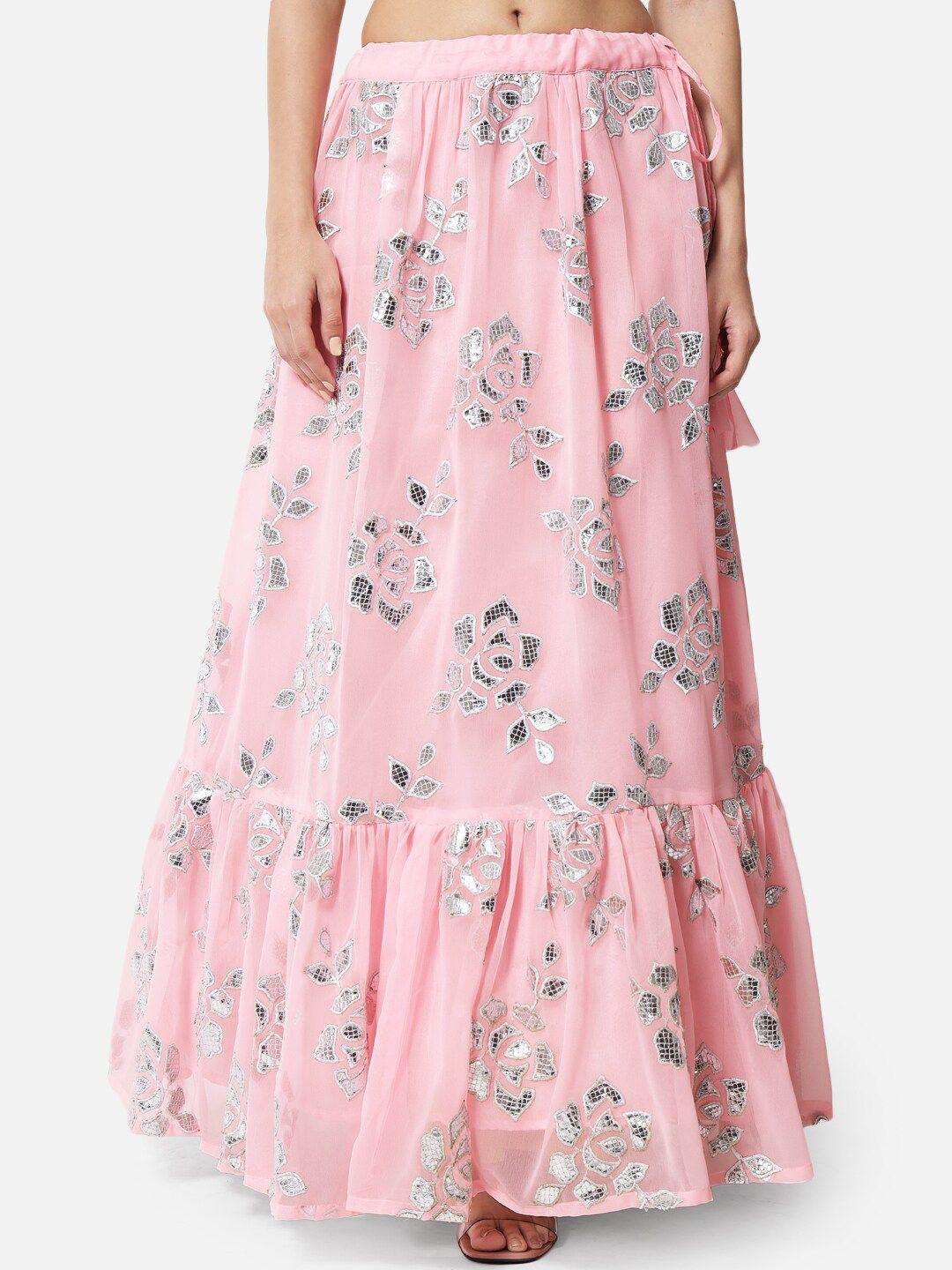studio rasa Pink & Silver-Toned Floral Embroidered Georgette Tiered Maxi Skirt