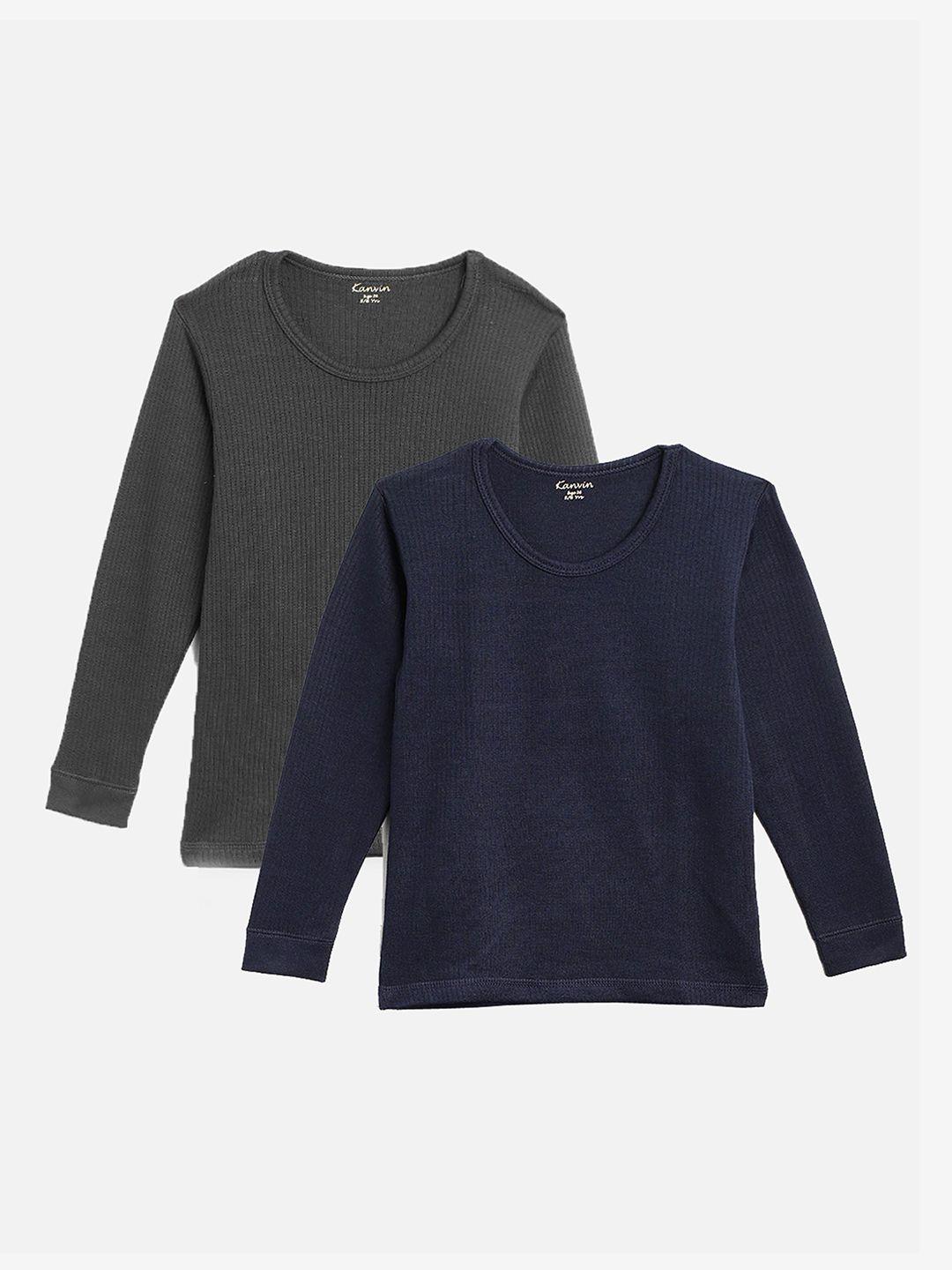 Kanvin Boys Pack Of 2 Charcoal & Navy Blue Ribbed Cotton Thermal Tops