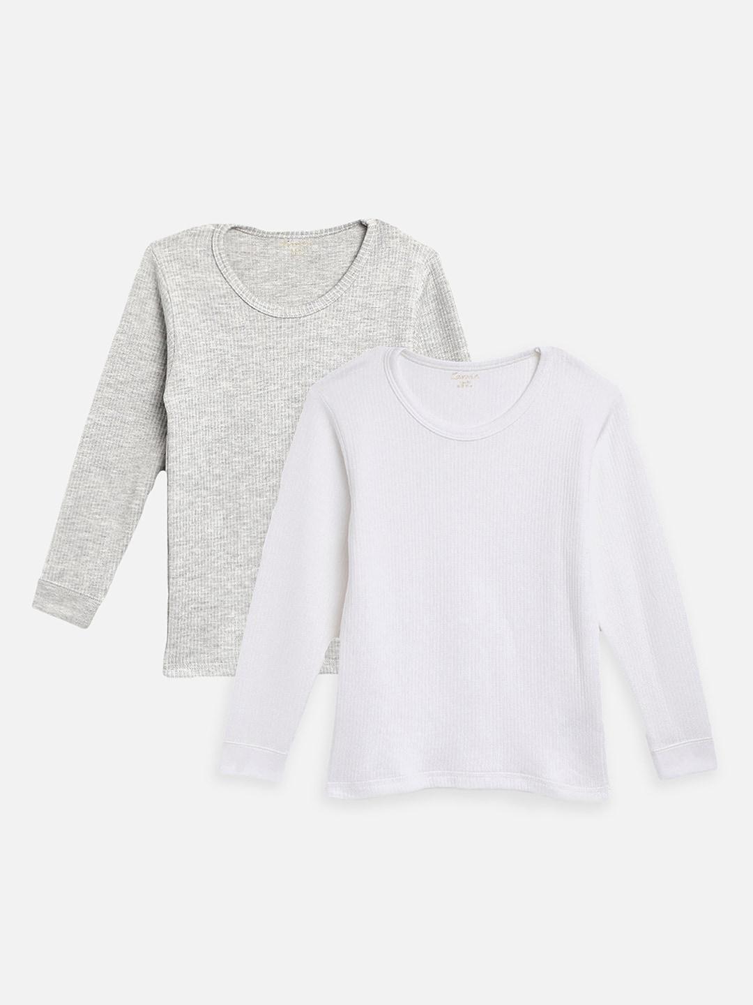 Kanvin Boys Pack Of 2 White & Grey Melange Ribbed Cotton Thermal Tops
