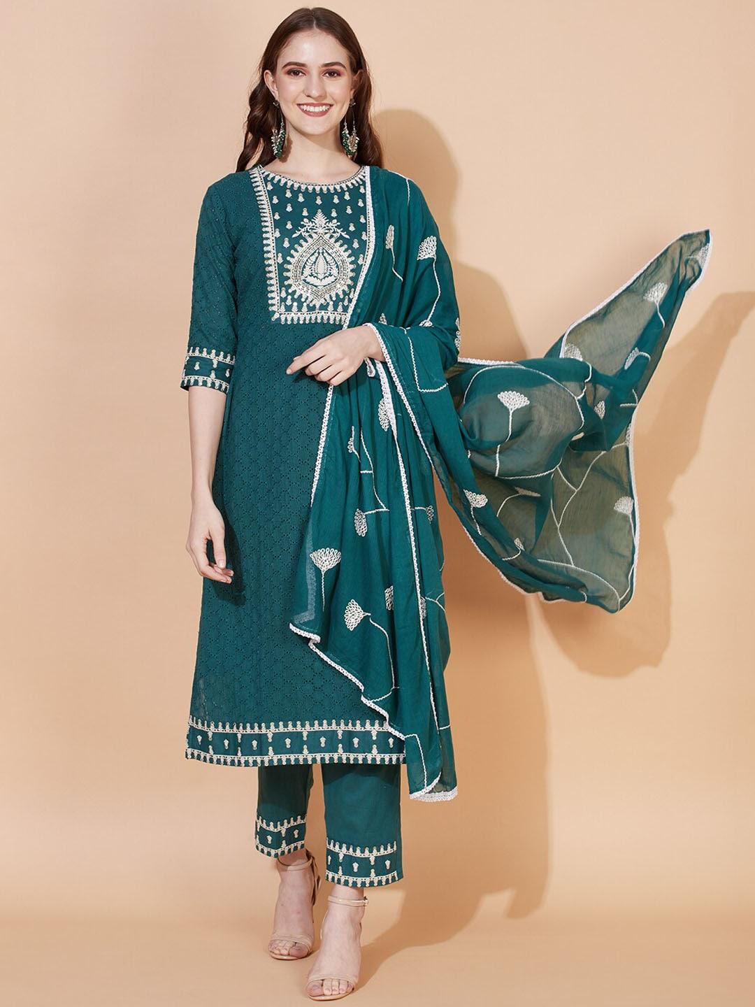 FASHOR Women Ethnic Motifs Embroidered Straight Kurta with Trousers & With Dupatta