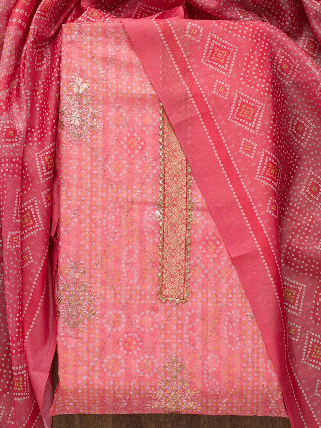 Koskii Pink & White Printed Art Silk Unstitched Dress Material