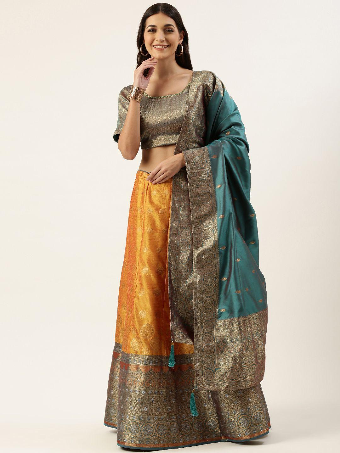 pothys-teal-&-mustard-yellow-unstitched-lehenga-&-blouse-with-dupatta