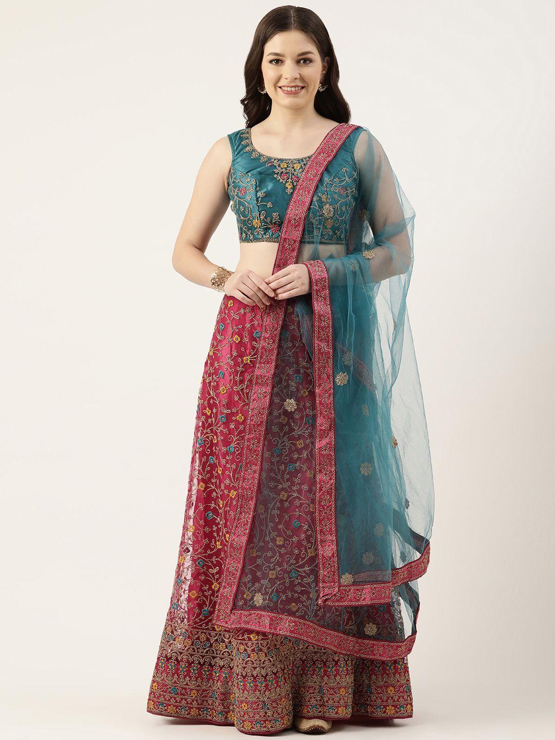pothys-pink-&-turquoise-blue-embroidered-thread-work-unstitched-lehenga-&-blouse-with-dupatta