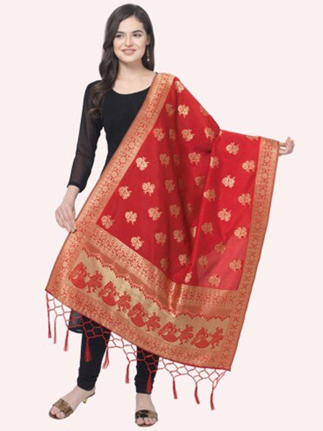 morly-red-&-gold-toned-ethnic-motifs-woven-design-cotton-silk-dupatta-with-zari
