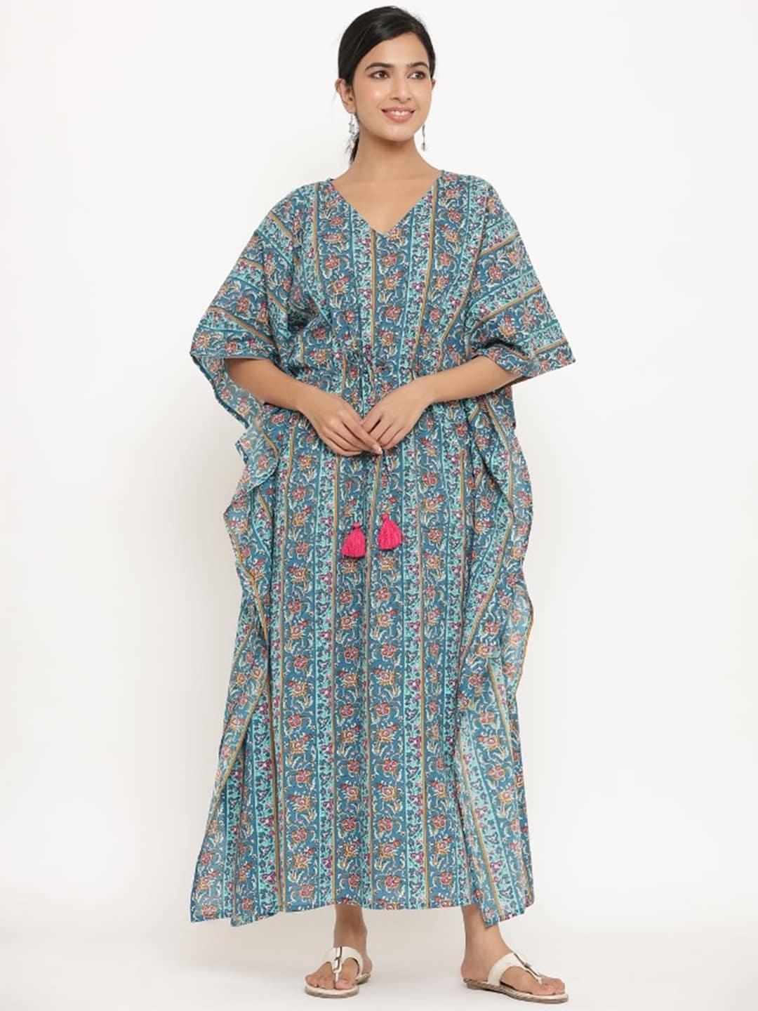 mirari Women Blue Printed Maxi Pure Cotton Nightdress MI01-KFT-0406